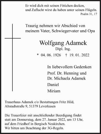 Traueranzeige von Wolfgang Adamek von Siegener Zeitung