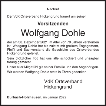 Traueranzeige von Wolfgang Dohle von Siegener Zeitung