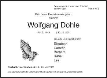 Traueranzeige von Wolfgang Dohle von Siegener Zeitung