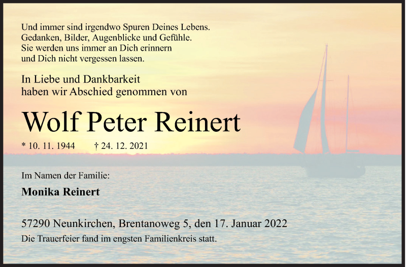  Traueranzeige für Wolf Peter Reinert vom 17.01.2022 aus Siegener Zeitung