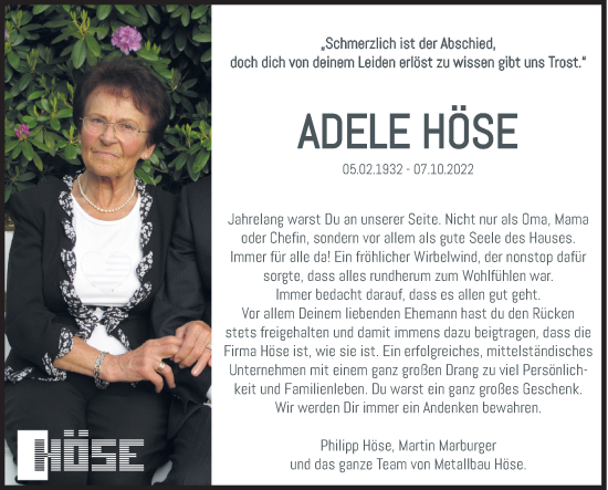 Traueranzeige von Adele Höse von Siegener Zeitung