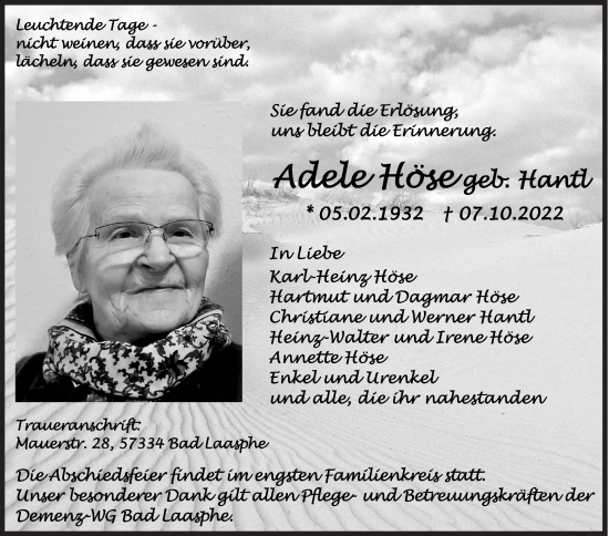 Traueranzeige von Adele Höse von Siegener Zeitung