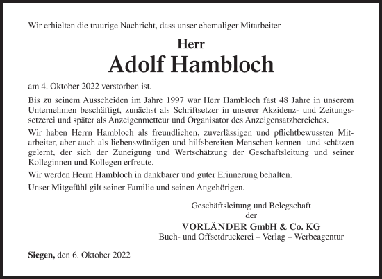 Traueranzeige von Adolf Hambloch von Siegener Zeitung