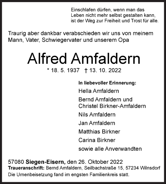 Traueranzeige von Alfred Amfaldern von Siegener Zeitung