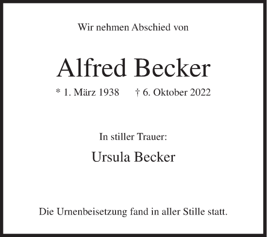 Traueranzeige von Alfred Becker von Siegener Zeitung