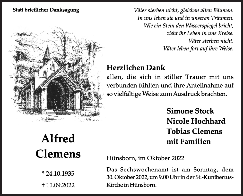  Traueranzeige für Alfred Clemens vom 25.10.2022 aus Siegener Zeitung