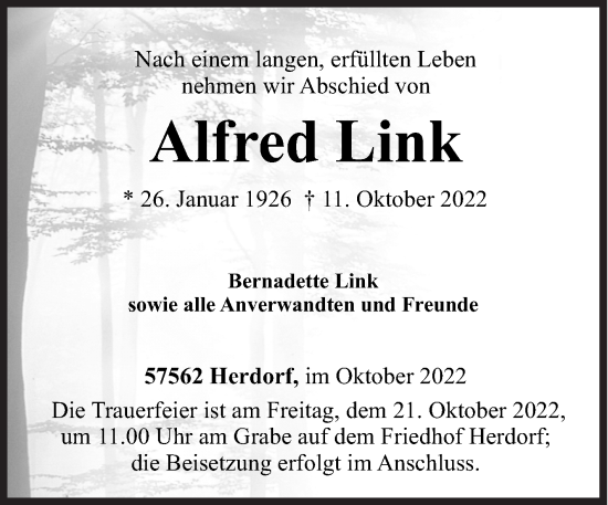 Traueranzeige von Alfred Link von Siegener Zeitung