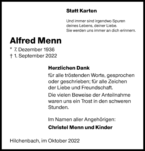 Traueranzeige von Alfred Menn von Siegener Zeitung