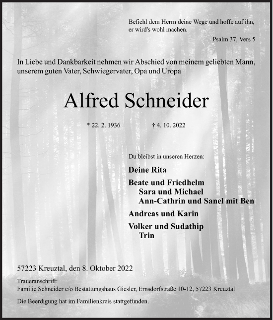 Traueranzeige von Alfred Schneider von Siegener Zeitung
