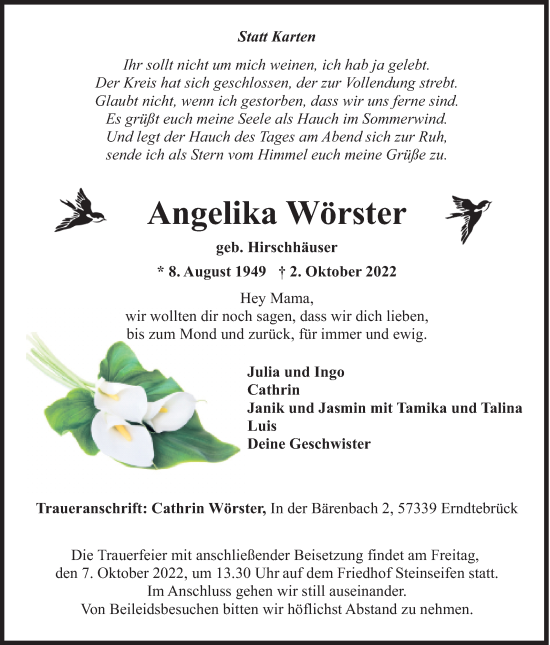 Traueranzeige von Angelika Wörster von Siegener Zeitung