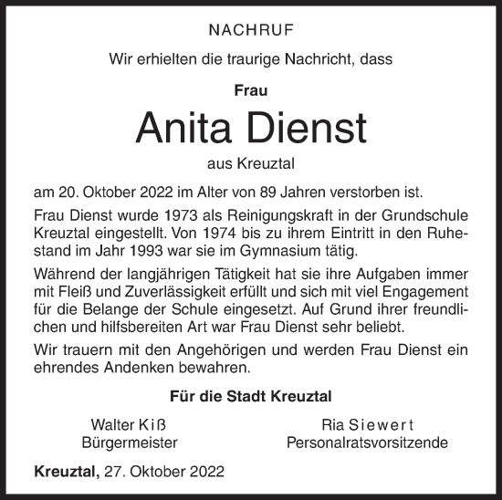 Traueranzeige von Anita Dienst von Siegener Zeitung