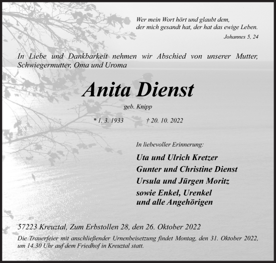 Traueranzeige von Anita Dienst von Siegener Zeitung