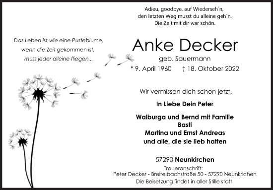 Traueranzeige von Anke Decker von Siegener Zeitung