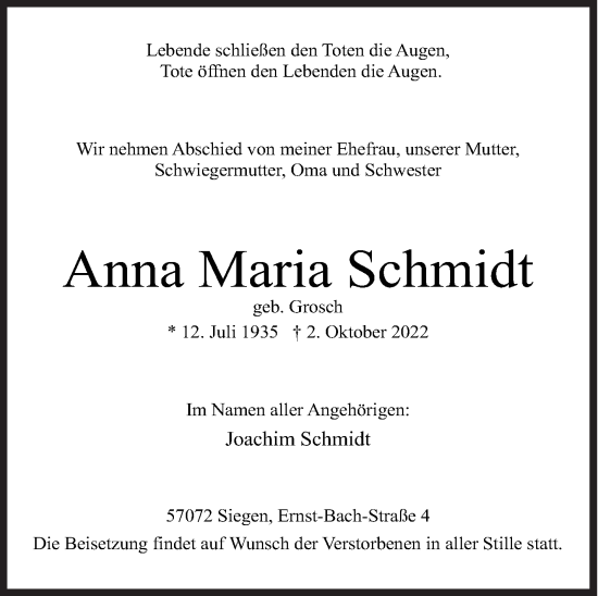Traueranzeige von AnnaMaria Schmidt von Siegener Zeitung