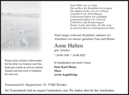 Traueranzeige von Anne Halten von Siegener Zeitung