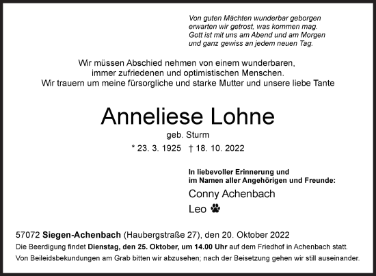 Traueranzeige von Anneliese Lohne von Siegener Zeitung