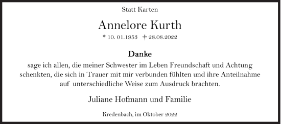 Traueranzeige von Annelore Kurth von Siegener Zeitung