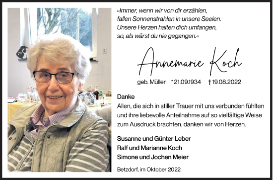 Traueranzeige von Annemarie Koch von Siegener Zeitung