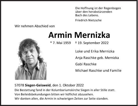Traueranzeige von Armin Mernizka von Siegener Zeitung