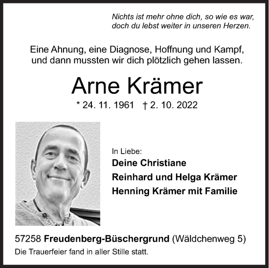 Traueranzeige von Arne Krämer von Siegener Zeitung