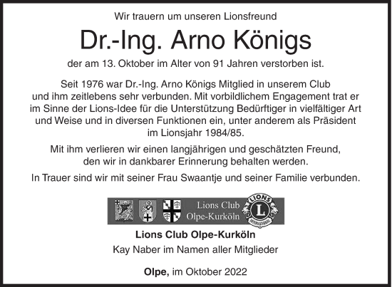 Traueranzeige von Arno Königs von Siegener Zeitung