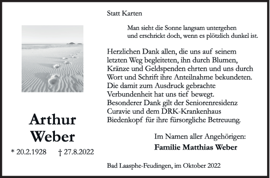 Traueranzeige von Arthur Weber von Siegener Zeitung