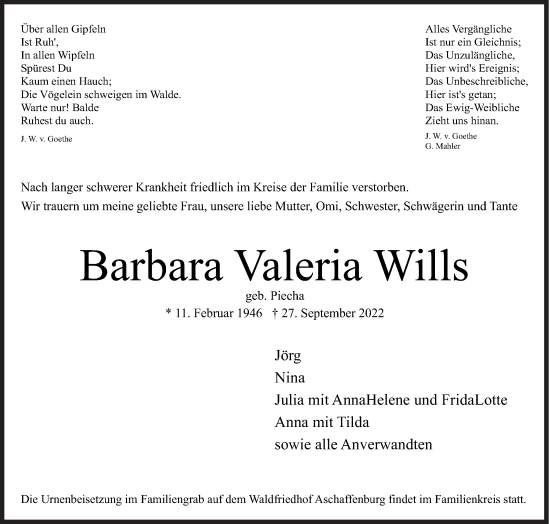 Traueranzeige von Barbara Valeria Wills von Siegener Zeitung