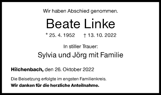 Traueranzeige von Beate Linke von Siegener Zeitung