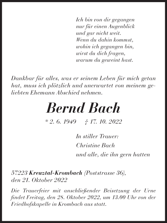 Traueranzeige von Bernd Bach von Siegener Zeitung