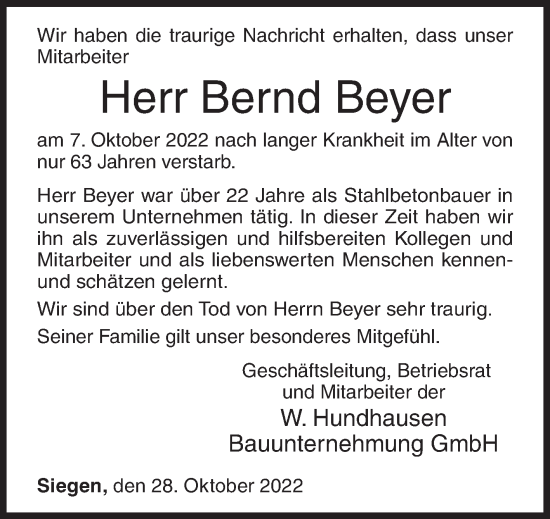 Traueranzeige von Bernd Beyer von Siegener Zeitung