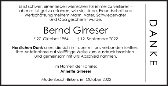 Traueranzeige von Bernd Girreser von Siegener Zeitung