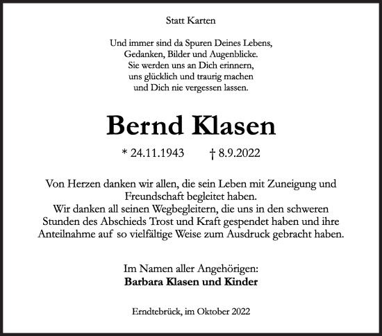 Traueranzeige von Bernd Klasen von Siegener Zeitung