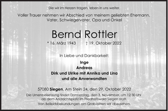 Traueranzeige von Bernd Rottler von Siegener Zeitung