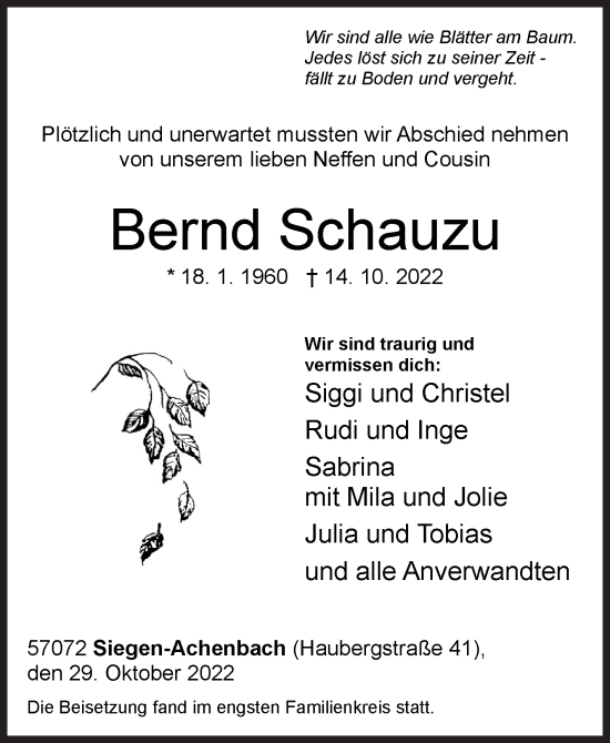 Traueranzeige von Bernd Schauzu von Siegener Zeitung