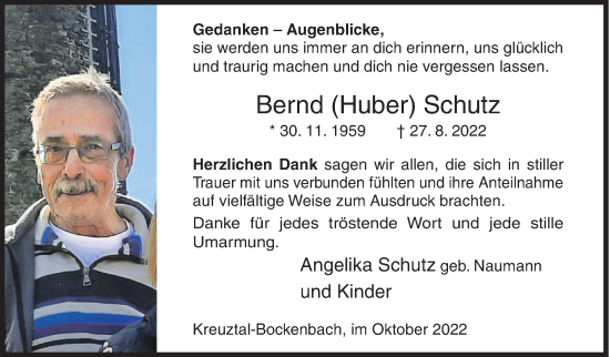 Traueranzeige von Bernd Schutz von Siegener Zeitung