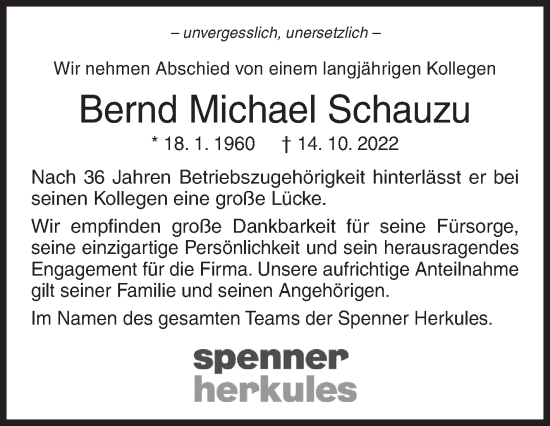 Traueranzeige von Bernd Michael Schauzu von Siegener Zeitung