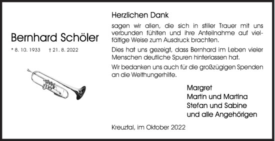 Traueranzeige von Bernhard Schöler von Siegener Zeitung