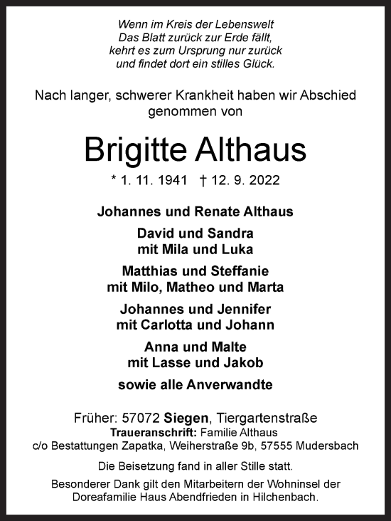 Traueranzeige von Brigitte Althaus von Siegener Zeitung