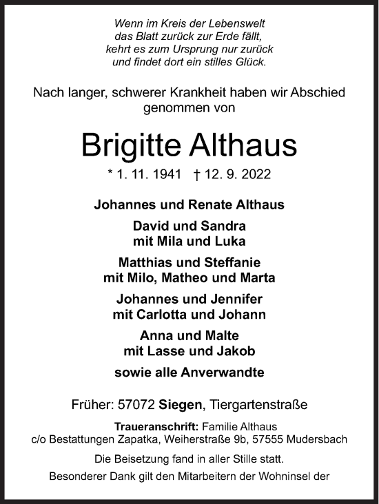 Traueranzeige von Brigitte Althaus von Siegener Zeitung