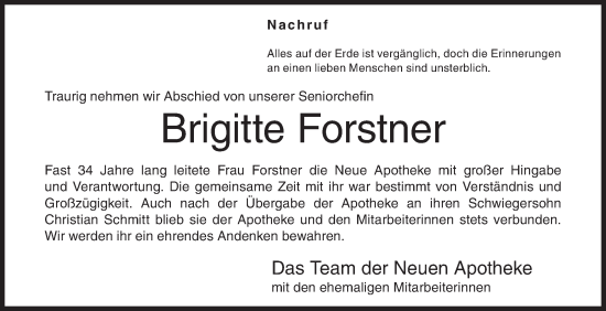 Traueranzeige von Brigitte Forstner von Siegener Zeitung