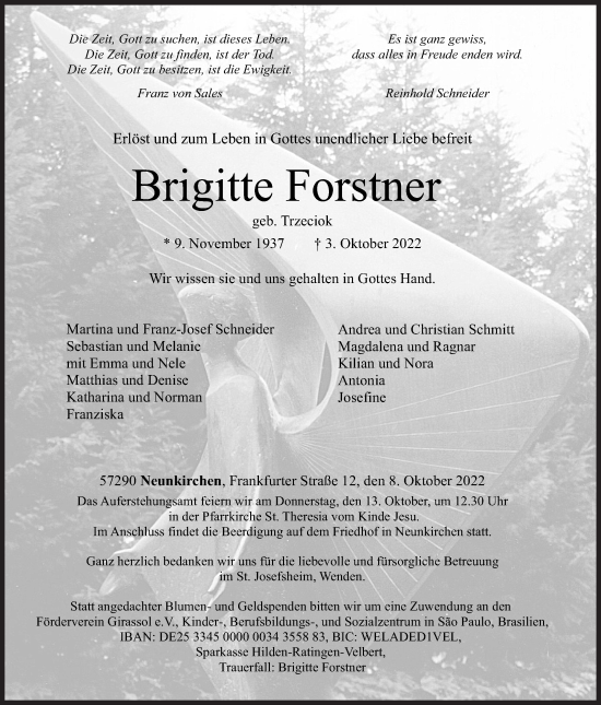 Traueranzeige von Brigitte Forstner von Siegener Zeitung