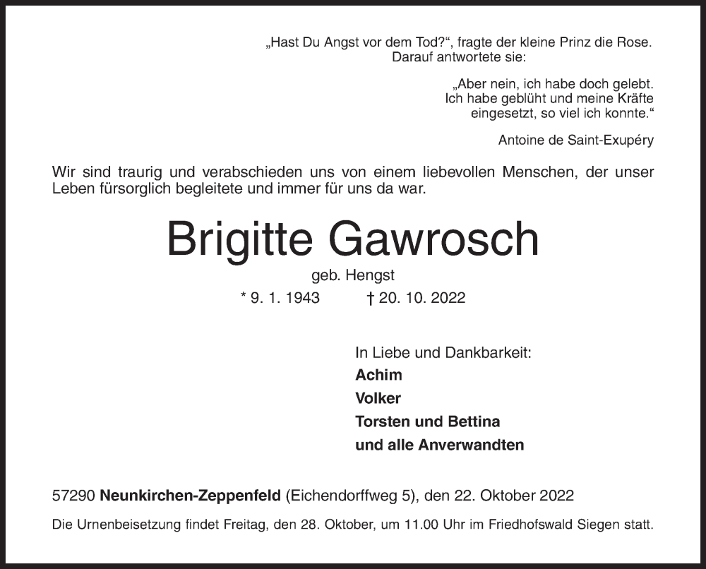 Traueranzeigen Von Brigitte Gawrosch Trauer De