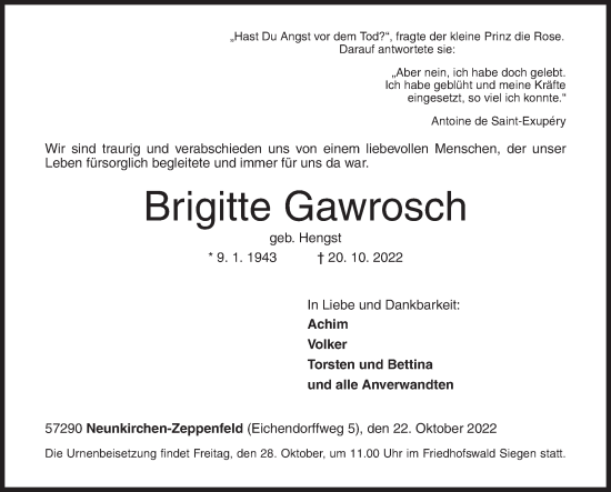 Traueranzeige von Brigitte Gawrosch von Siegener Zeitung