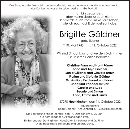 Traueranzeige von Brigitte Göldner von Siegener Zeitung