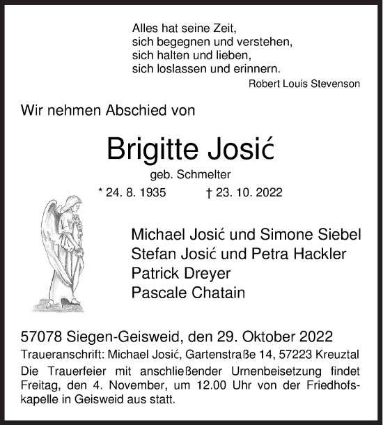 Traueranzeige von Brigitte Josic von Siegener Zeitung