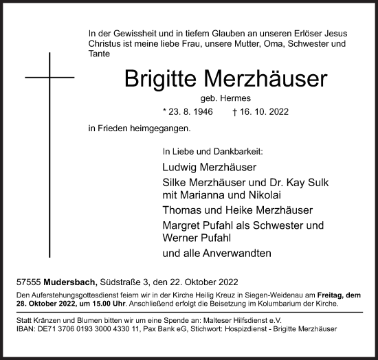 Traueranzeige von Brigitte Merzhäuser von Siegener Zeitung