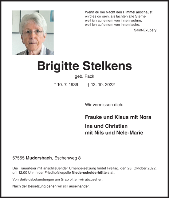 Traueranzeige von Brigitte Stelkens von Siegener Zeitung