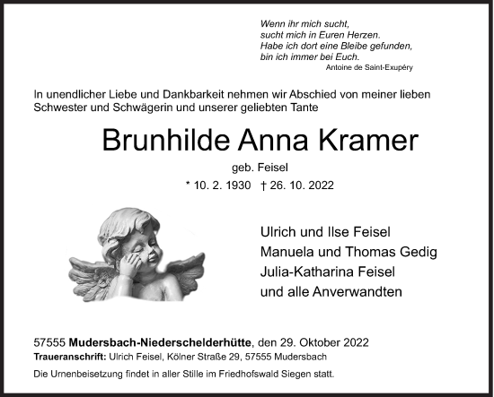 Traueranzeige von Brunhilde Anna Kramer von Siegener Zeitung