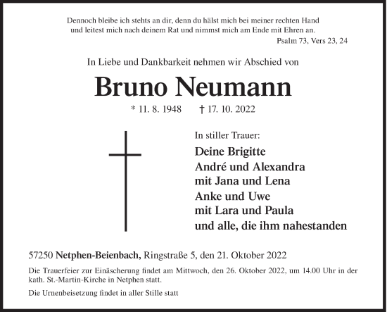 Traueranzeige von Bruno Neumann von Siegener Zeitung