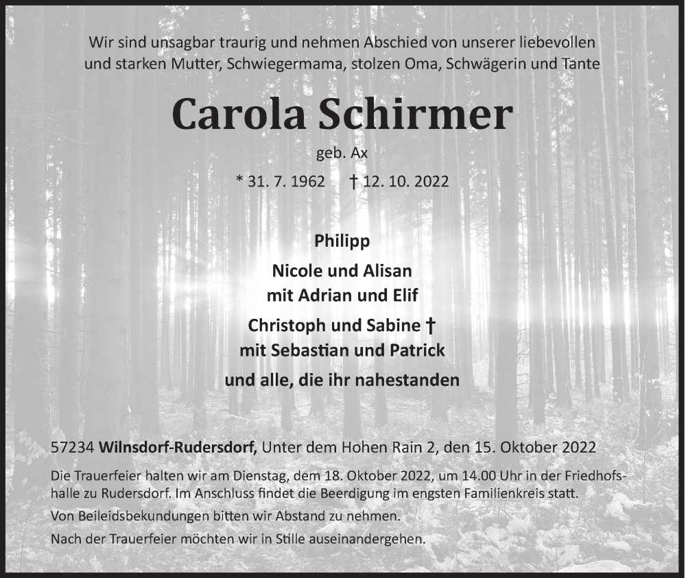  Traueranzeige für Carola Schirmer vom 15.10.2022 aus Siegener Zeitung